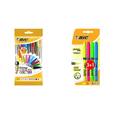 BIC Cristal Multicolour bolígrafos Punta Ancha (1,6 mm) – colores Surtidos, Blíster de 10 unidades + Highlighter Grip Marcadores punta biselada Ajusta
