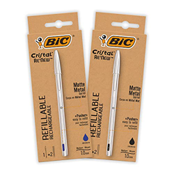 Bolígrafo BIC de Metal Reutilizable- BIC Cristal Re'New 2 Bolígrafos de Calidad y 2 Recargas - Tinta Azul y Negro, Pack de 2+2 en oferta