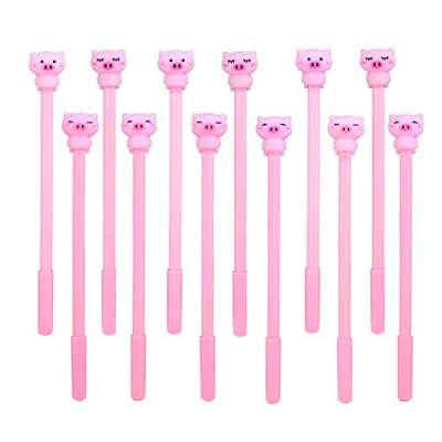 YHYX 12 Piezas Boligrafos Bonitos Pluma gel Cerdo Rosa Bolígrafos de Tinta Gel Negra de Punta Extra Fina Material Escolar Kawaii 0.5 mm Pluma de Firma