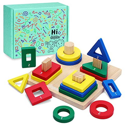 Japace Juguetes Montessori Apilables Educativos, Formas Geométricas Madera Juguete Bloques de Construcción, Geométrico Apilar y Clasificar Juegos para