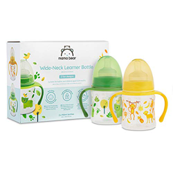 Marca Amazon - Mama Bear Biberón de aprendizaje de cuello ancho de polipropileno con tetina de silicona 150 ml, 2 piezas características