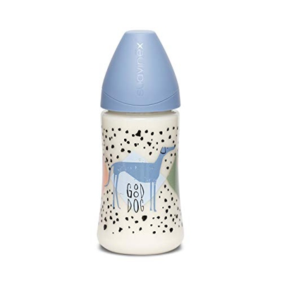 Suavinex Pret-a-porter Biberón +0 Meses con Tetina Redonda 3 Posiciones de Silicona, Azul (Perritos), 270 ml