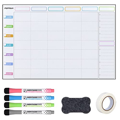 POPRUN 60 x 40 cm Pizarra Planificadora la Semana Magnética la familia para pared, Pizarra Semanal Calendario Magnético, Planificador de Menú, limpiab