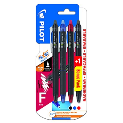 Pilot Pen 2278B4B FriXion Point Clicker - Bolígrafo (punta F, 0,5 mm, 4 unidades), color azul, rojo y negro