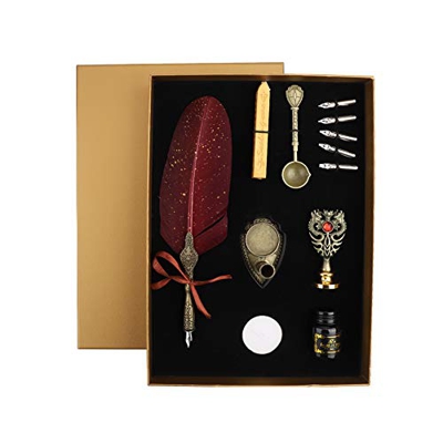 Mengxin Pluma de Escritura Pluma Caligrafia con 5 Plumilla Diferentes, Titular de la Pluma, Tinta, Sellos de Cera, Barra Lacre Regalos para Navidad Bo