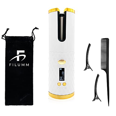 FILUMM Rizador de Pelo Automático Inalámbrico, Portátil, Con Temporizador y Temperatura Ajustable 160-200º Con Pantalla LED, Función Anti-Quemaduras, 