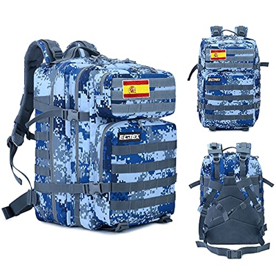 ELITEX Mochila 45L Táctica Militar Bandera España Impermeable para Crossfit Caza Aire Libre Deportes Gimnasio Portatil (Azul Digital)