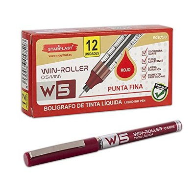 12 BOLÍGRAFOS W5 TINTA LÍQUIDA STARPLAST - Pigmento profesional, larga duración, punta fina 0.5mm para escribir - Rojo
