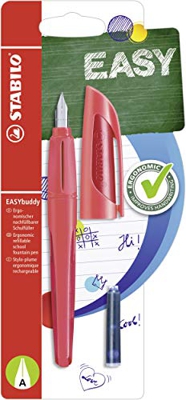 Stabilo EASYbuddy - Pluma estilográfica escolar con pluma para principiantes, color corale/rojo, tinta azul (borrable)