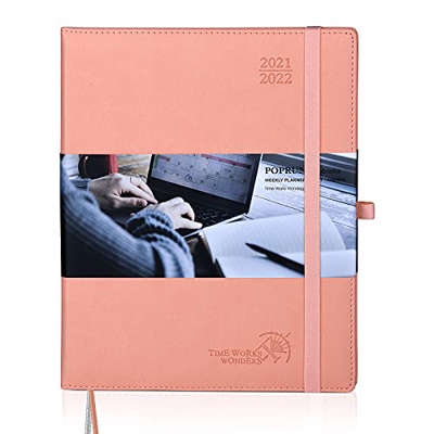 POPRUN Agenda 2021 2022 Semana Vista - Agenda Escolar 2021-2022 Ago.21 a Ago.22 - Disposición Vertical con Intervalo Horario, Tapa Cuero Vegano y Bols