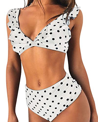 Adicloz Mujer Traje de Baño 2 Piezas Cuello en V Profundo Impresión Punto de Onda Volante Fruncido Bikini Sexy Cintura Alta Bikini de Playa Acolchado 