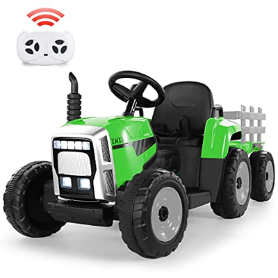 Tractor Eléctrico 12V 7Ah, 2+1 Cambio de Marchas, 25W Tractor Batería con Remolque, Bocina/ Reproductor MP3/ Bluetooth/ Puerto USB/ Faro de 7 LED, Con