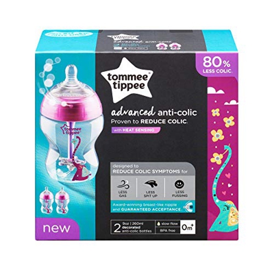 Tommee Tippee Botellas anticólicos avanzados de 260 ml x 2 con tubo de detección de calor 0 m+ (rosa)