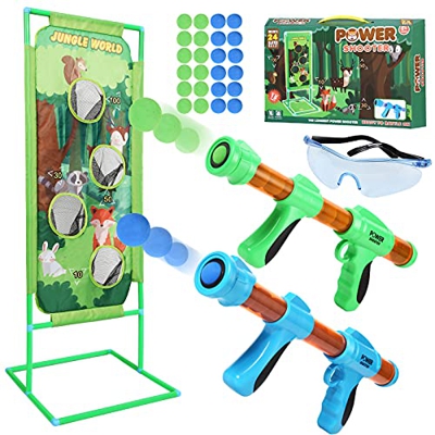 Herefun Juego de Tiro para Niños, 2 PCS Pistola de Juguete, Juegos de Tiro al Blanco con 24 Bolas de Espuma + Blanco de Tiro de Pie + Gafas de Segurid