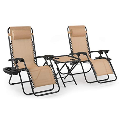 Juego de Tumbonas Plegables con Mesa, Soporte para Bebidas, Mecedoras Jardín para Exterior con Almohadilla Ajustable para la Cabeza, Ergonómica, Trans