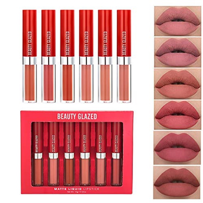 6 colores Velvet Nude Kit de brillo de labios Copa antiadherente Barra de labios mate sexy Lápiz labial líquido hidratante a prueba de agua Manchas de