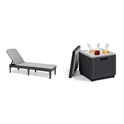 Keter Jaipur Tumbona con cojín + Ice Cube Mesa Nevera para jardín, Grafito en oferta