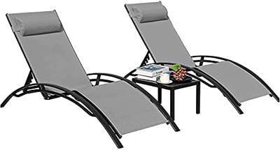 Tumbona de Jardín, Conjunto de 1 Mesa y 2 Tumbonas, Tumbona reclinable, Juego de Tumbona Plegable, Sillas de Jardín de Aluminio, Silla de Exterior, Si