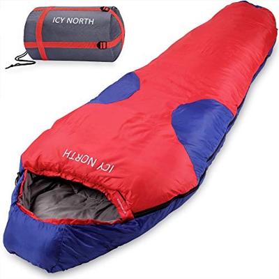 Monzana Icy North Saco de Dormir Tipo Momia 230x82cm hasta -13°C Transpirable Repelente al Agua Azul Rojo Oscura Camping Exterior