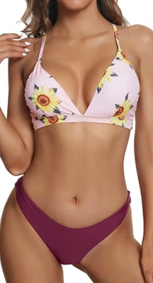 heekpek Bikini con Tirantes Top Relleno Braga Tallo Bajo Estampado de Girasol