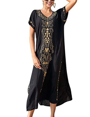 JENJON Mujeres Vestido de Playa Kaftan Floral Bordado Bohemia Tamaño Largo Cover Ups para Bikini A-Negro Talla única