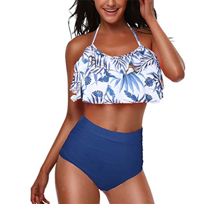 Yutdeng 2021 Traje de Baño Top Flounce Bikini Set Bañador Cintura Alta Floral Impresión Conjunto De Bikini 2 Piezas Set Moda Bohemia Cabestro
