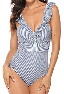 JFAN Mujer Traje de Baño Una Pieza Bikini Impresión de Rayas Volante Fruncido Ropa de Playa Bikini Sets(Negro,XL)