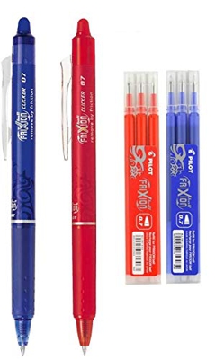 Pilot - FriXion Ball Clicker – Bolígrafo roller a presión (retráctil) con tinta de gel borrable (Juego con bolígrafo azul, bolígrafo rojo, 3 recambios