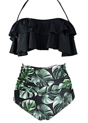 AOQUSSQOA Mujer Traje de baño con Volantes para Mujer Cintura Alta Dividida Bikini natación Esencial (Black Leaf, XL) precio