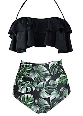 AOQUSSQOA Mujer Traje de baño con Volantes para Mujer Cintura Alta Dividida Bikini natación Esencial (Black Leaf, XL)
