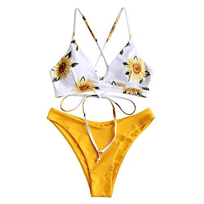 CheChury Mujeres Conjunto de Bikini con Relleno Halter Bañador Push Up Tirantes Cruzados Bikini Floral impresión Trajes de baño