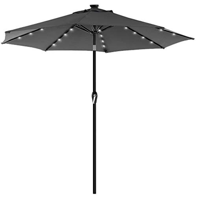 SONGMICS Parasol de jardín con Luces solares LED, Sombrilla Ø 2,7 m, Protección UPF50+, Inclinable, Manivela para Abrir/Cerrar, Base no incluida, Gris