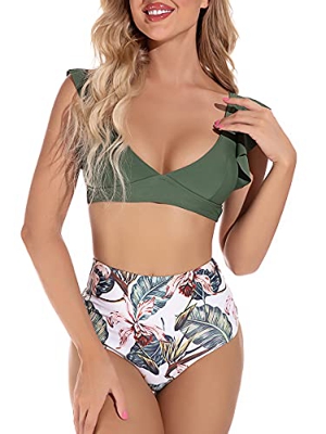 heekpek Bikinis Mujer Sexy Bikini Cintura Alta V Cuello Volantes Floral Estampado Conjunto de Bikini Dos Piezas para Vacaciones