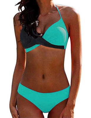 Bikini Elegante Traje de Baño Conjunto Bañador Halter Sexy Sólido para Mujer Ropa de Playa Traje de Baño Bikini Sets Talla Grande (Verde Gris, XXL)