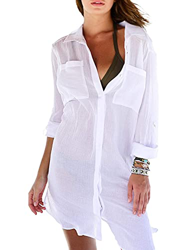 Camisa de playa para mujer, cuello en V, para playa, verano, para bañador, bikini, blanco, Talla única en oferta