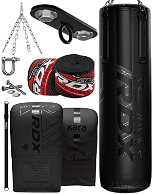 RDX 8PC Saco de Boxeo 4ft 5ft y Guantes para Entrenamiento, Relleno Kara Bolsa de Boxeo con Soporte Techo, Cadena para Muay Thai, MMA, Sparring, Kick 