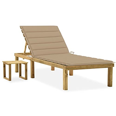 Susany Tumbona de Jardín con Mesa y Cojín Beige Tumbona y 1 Mesa Auxiliar Tumbona Reclinable de Jardín de Madera de Pino Impregnada