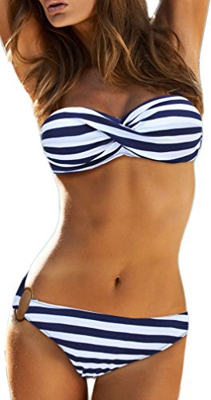 EUDOLAH Bikini Push Up Mujer Chica con Capestro Sets Traje de Baño Retorcido Linda para Piscina Playa e-Rayado Azul,XL