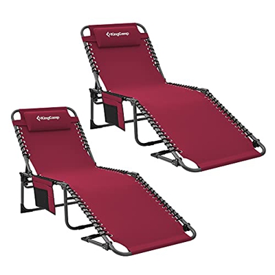 KingCamp Juego de 2 tumbonas de camping, tumbona de jardín, cama plegable con respaldo ajustable y almohada para jardín, vacaciones, exterior, color b