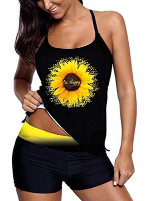 Sixyotie Mujer Deportivo Traje de Baño Dos Piezas de Rayas Color Top Conjunto Inferior Bikini Tankini (Sunflower, XL)