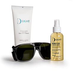Kit Luz Pulsada D Light – Gafas protectoras certificadas, crema post tratamiento BIO, detergente Kera Flux con paño Flavia características