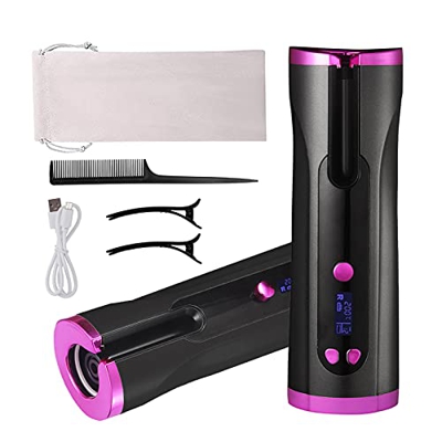 Rizador automático inalámbrico con 6 configuraciones de temperatura y 4 horas Rizador de pelo recargable por USB con pantalla LCD y batería incorporad