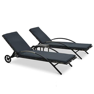 2 tumbonas para tomar el sol, con mesa, respaldo ajustable, con dos ruedas, tumbona para jardín, playa, piscina, chaise, antracita + gris oscuro