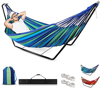Hamaca con estructura para 2 personas, hamaca de algodón de 200x150cm, capacidad de carga de hasta 200 kg, portátil, con bolsa de transporte, para cam