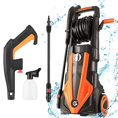 AOLIER Hidrolimpiadora de Alta Presión (máx: 1900 vatios 150 bar 450 L / h) con Botella de Jabón, Boquilla Todo en uno, Manguera de Alta Presión, Idea