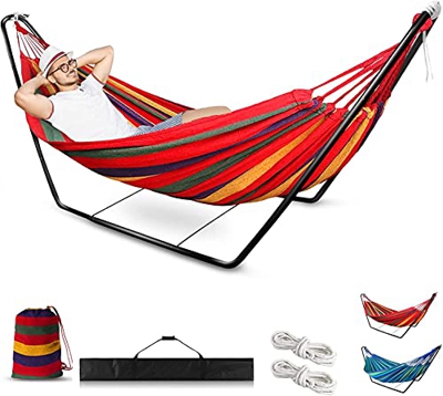 Hamaca con estructura para 2 personas, hamaca de algodón, 200 x 150cm capacidad de carga de hasta 200 kg, portátil, con bolsa de transporte, para camp