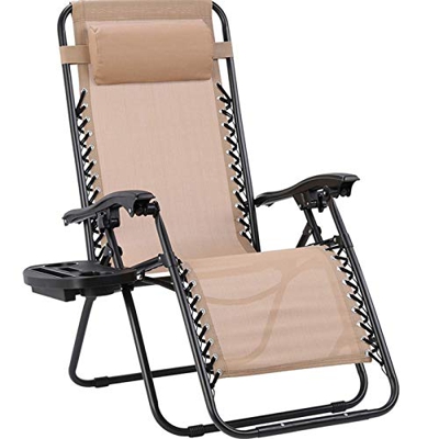 Tumbona Plegable con Soporte para Bebidas, Mecedoras Jardín para Exterior con Almohadilla Ajustable para la Cabeza, Ergonómica, Transpirable (Beige)