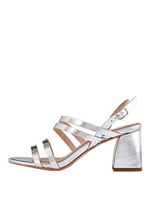 Marypaz, Sandalia tacón ancho metalizado con multitiras para Mujer Plateado 39 EU