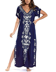 JENJON Mujeres Vestido de Playa Kaftan Floral Bordado Bohemia Tamaño Largo Cover Ups para Bikini A-Azul-1 Talla única precio