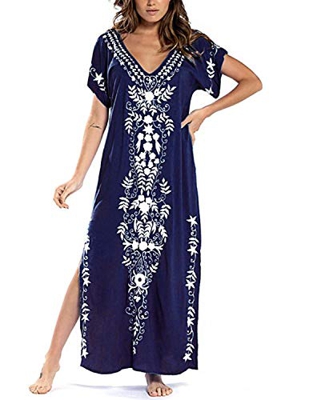 JENJON Mujeres Vestido de Playa Kaftan Floral Bordado Bohemia Tamaño Largo Cover Ups para Bikini A-Azul-1 Talla única
